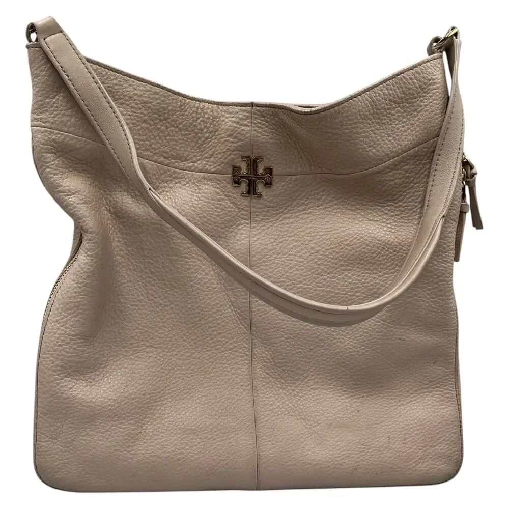 Tory Burch Shoulder Hobo Bag Ivy Pebbled Leather Expandable Zip Shell Pink Cream
